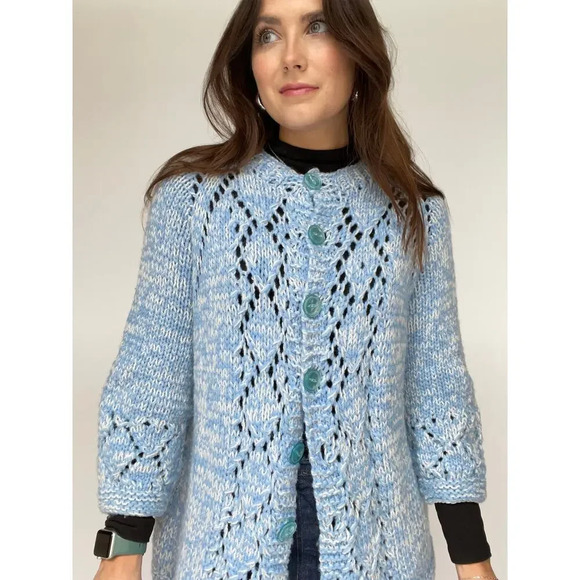 Blue and White Hand Knit Cardigan - Size Large - Picture 4 of 10